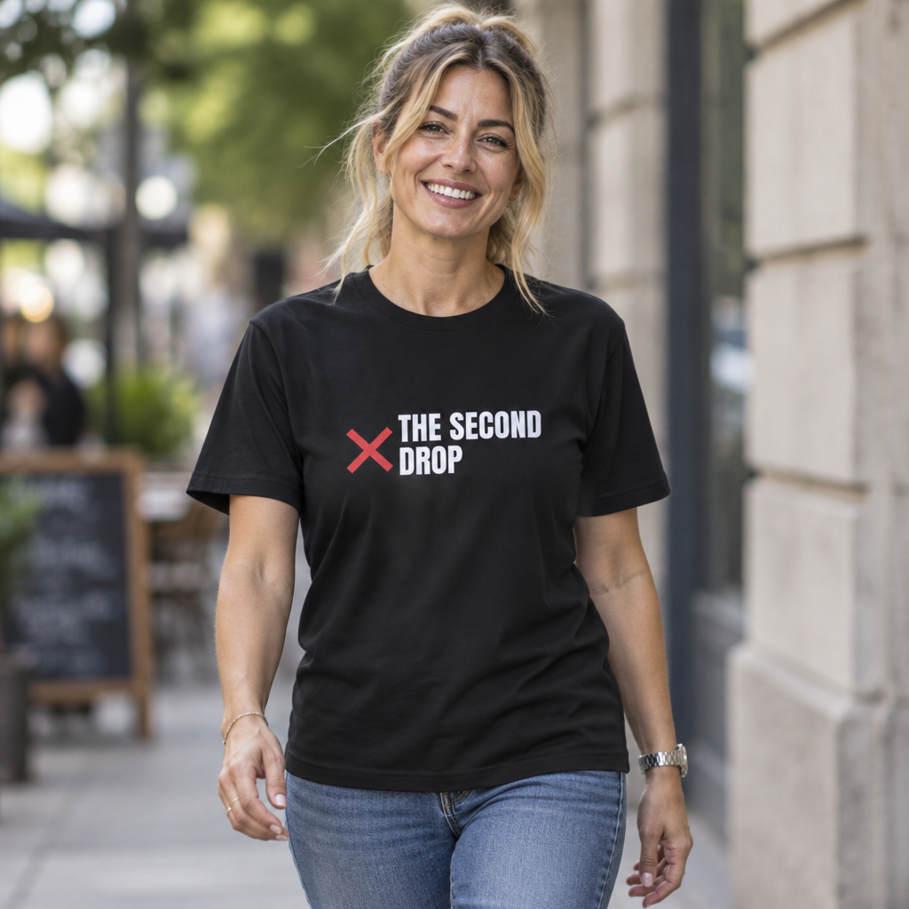 Woman wearing The Second Drop Logo Tee, black tee with the red X logo