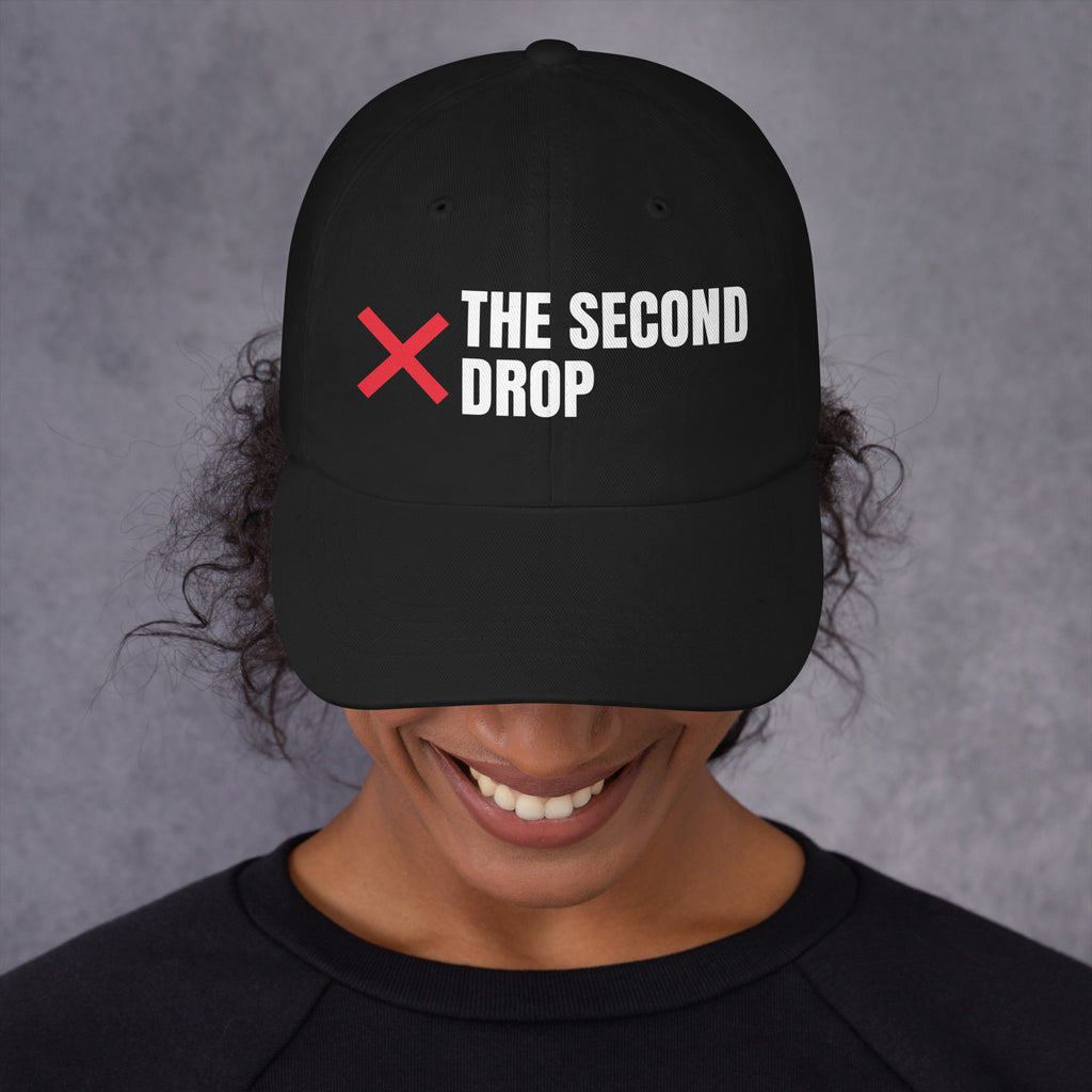 The Second Drop Dad Hat, black with red X logo