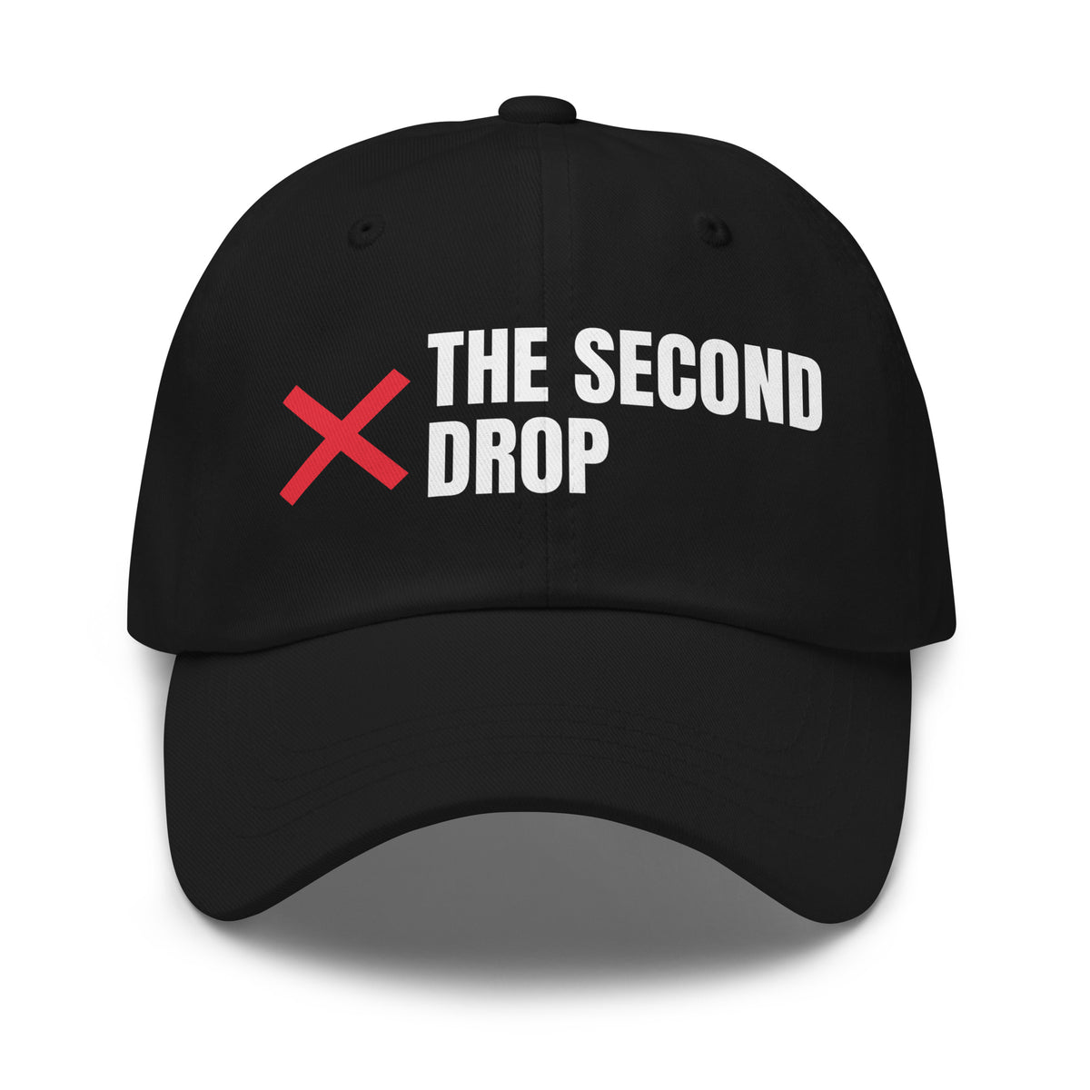 The Second Drop Dad Hat, black with red X logo