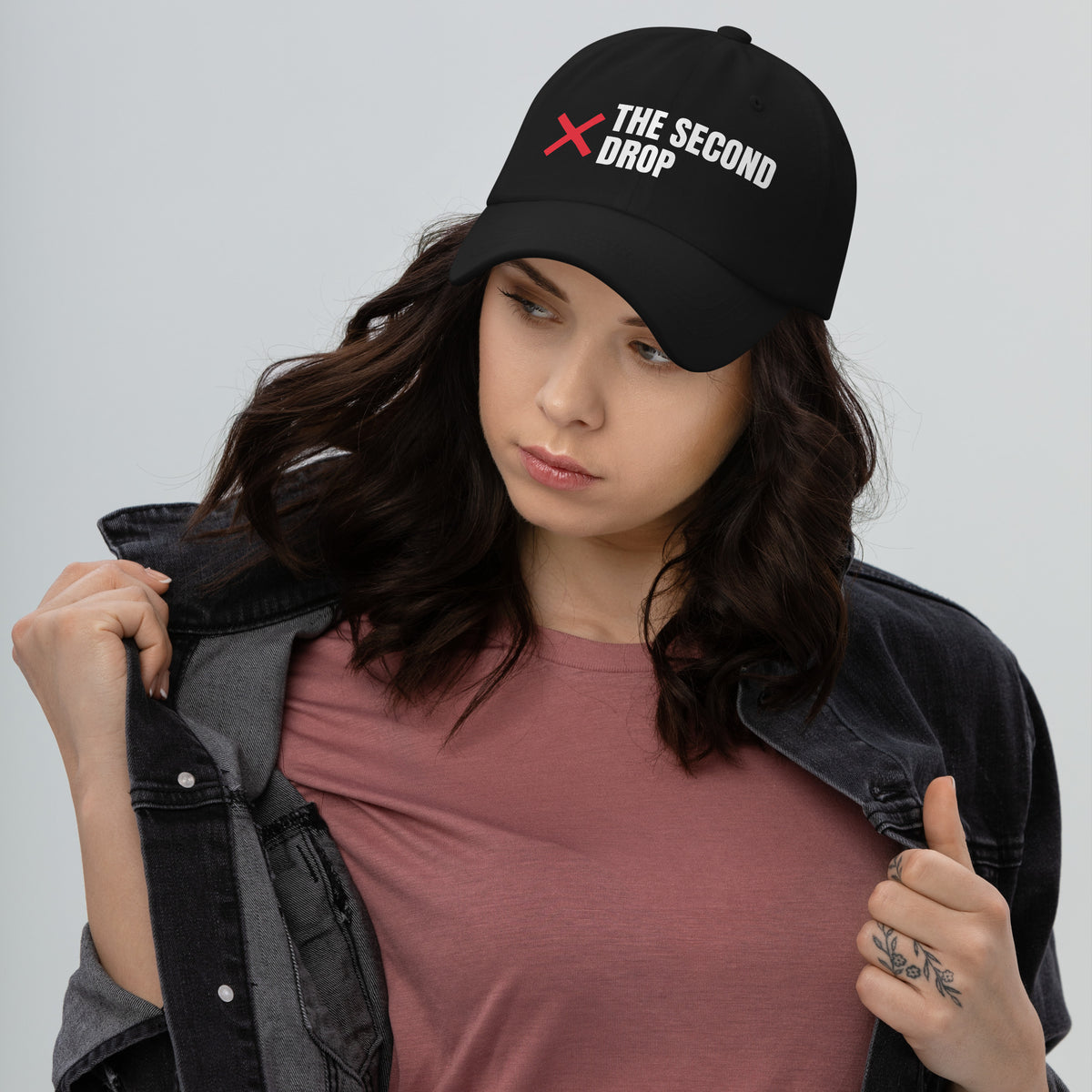 The Second Drop Dad Hat, black with red X logo