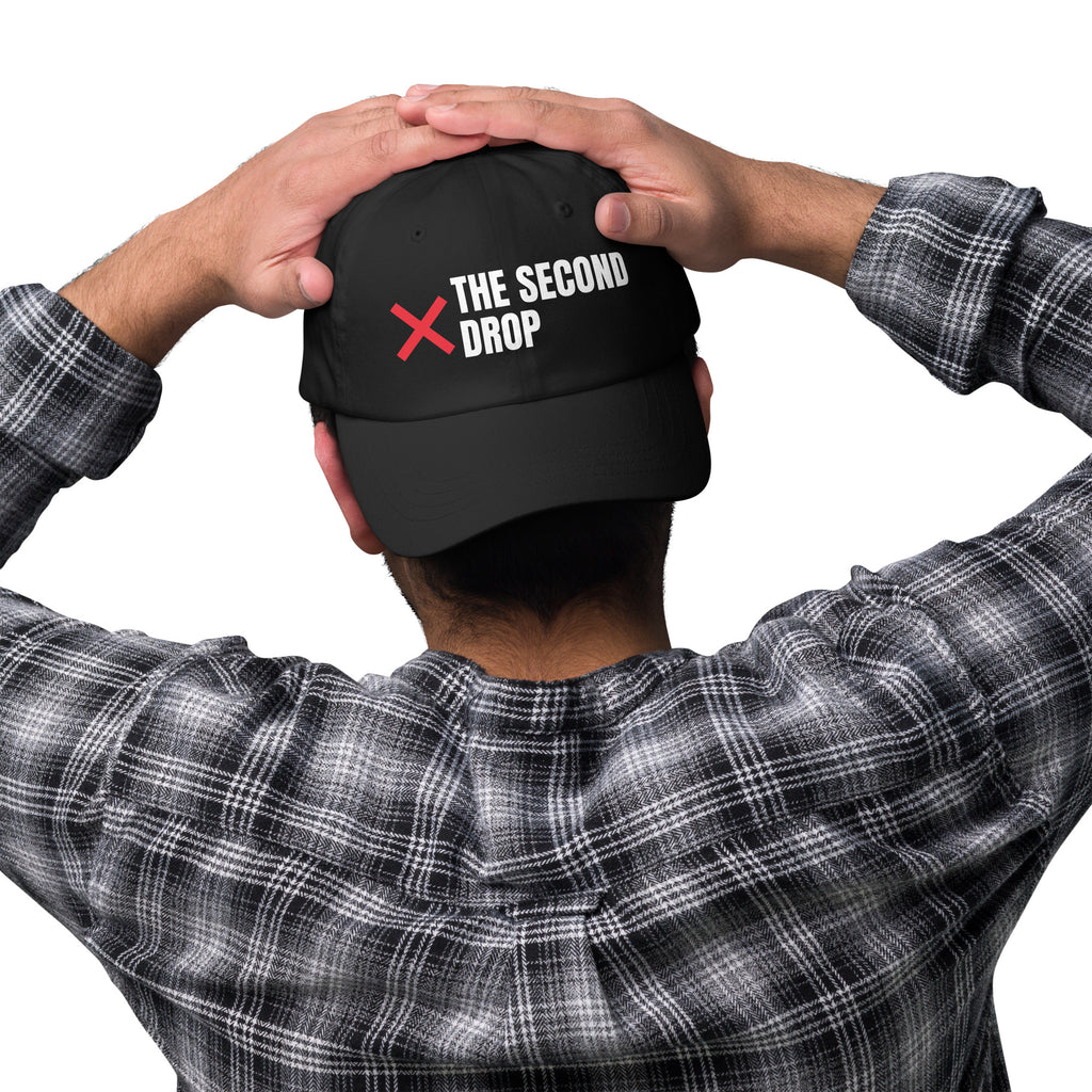 The Second Drop Dad Hat, black with red X logo