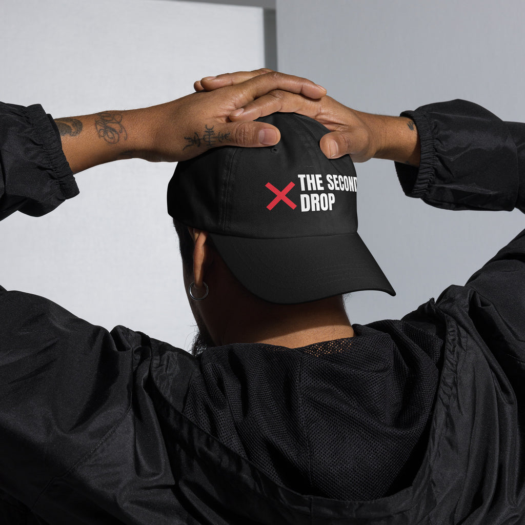 The Second Drop Dad Hat, black with red X logo