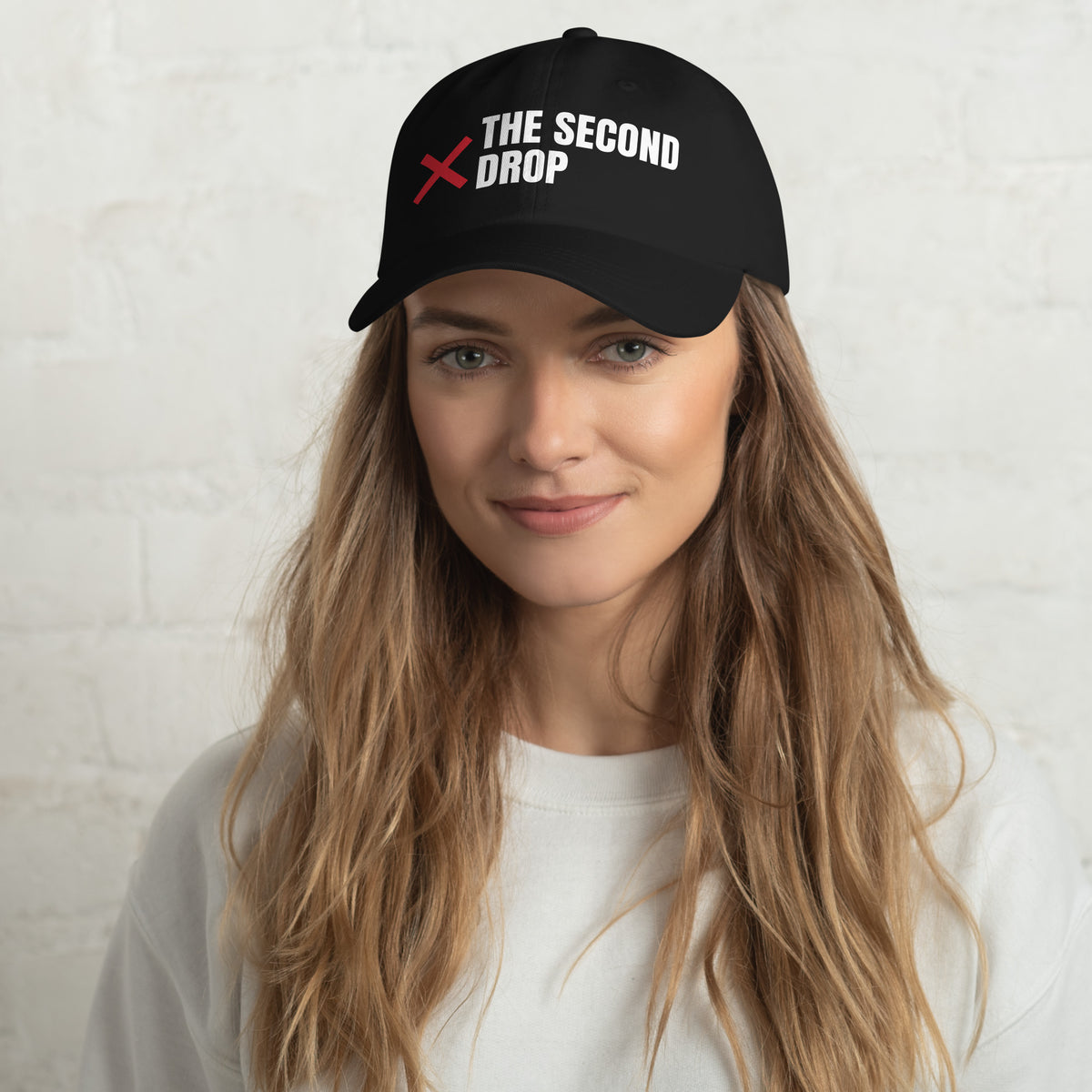 The Second Drop Dad Hat, black with red X logo