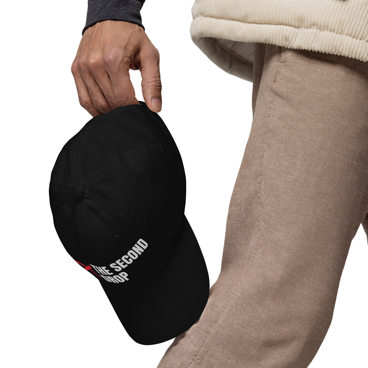 The Second Drop Dad Hat, black with red X logo