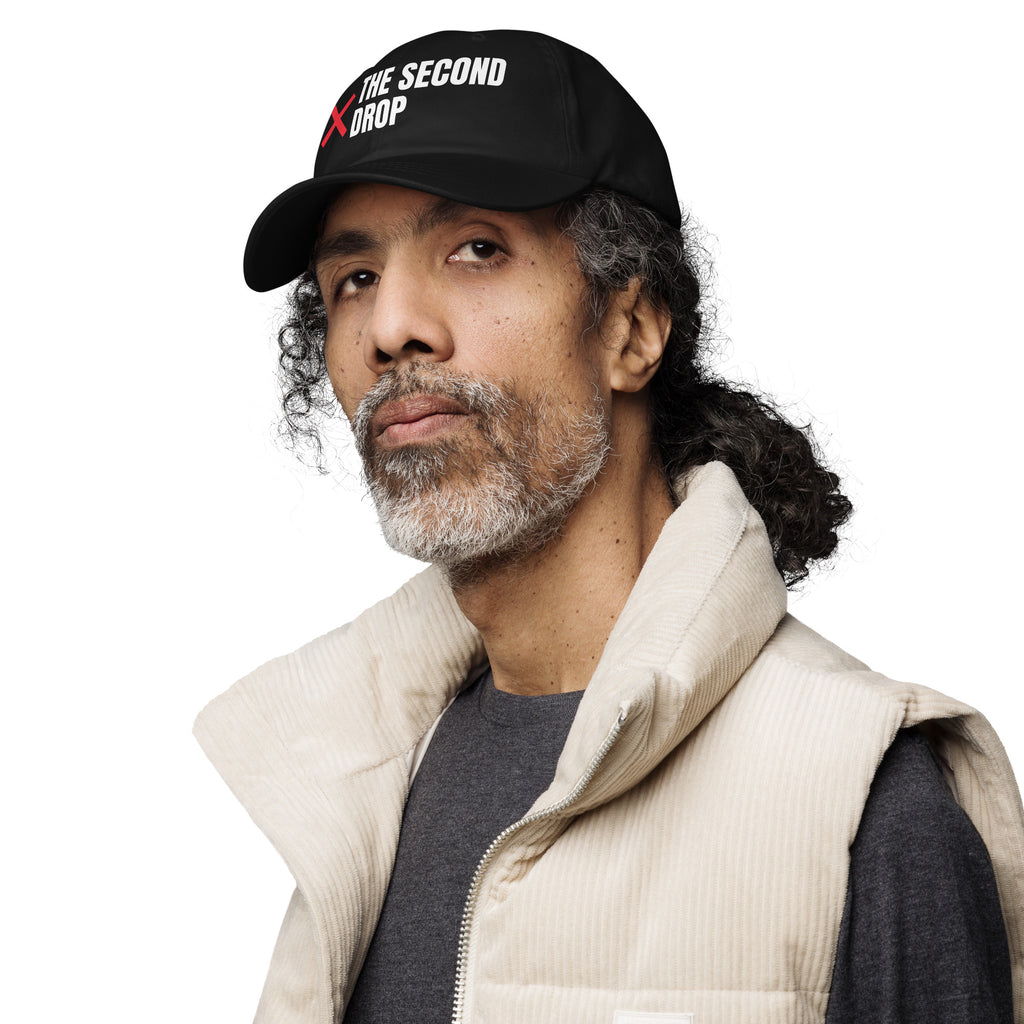 The Second Drop Dad Hat, black with red X logo