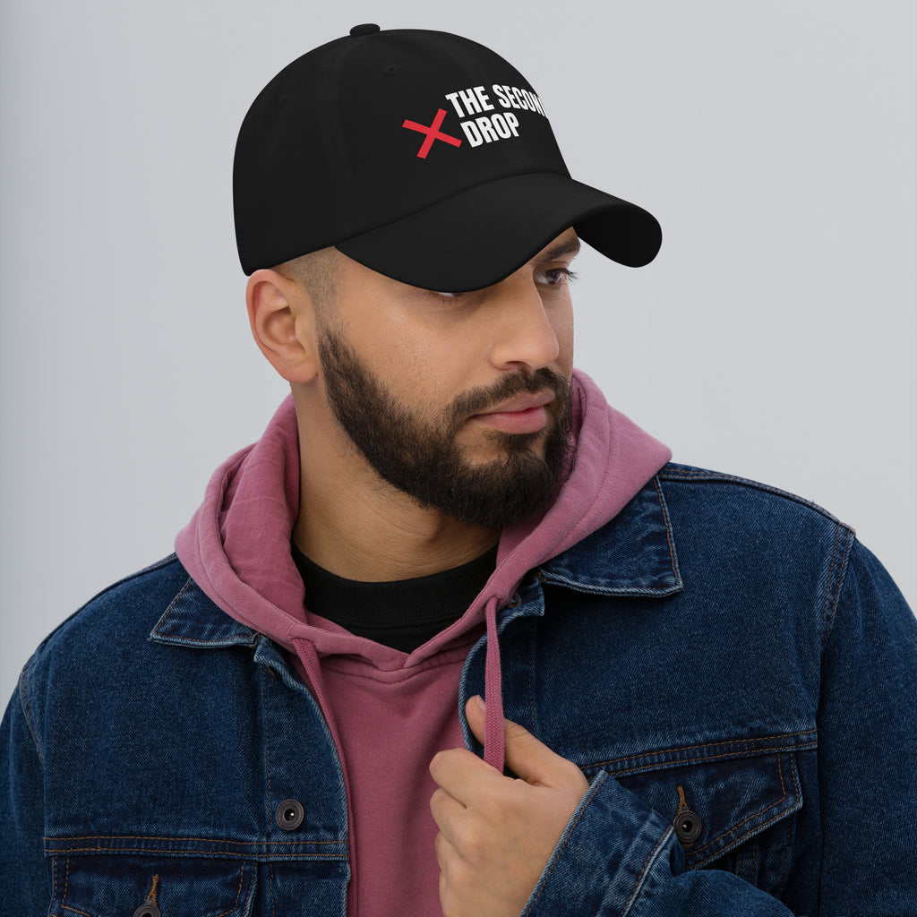 The Second Drop Dad Hat, black with red X logo