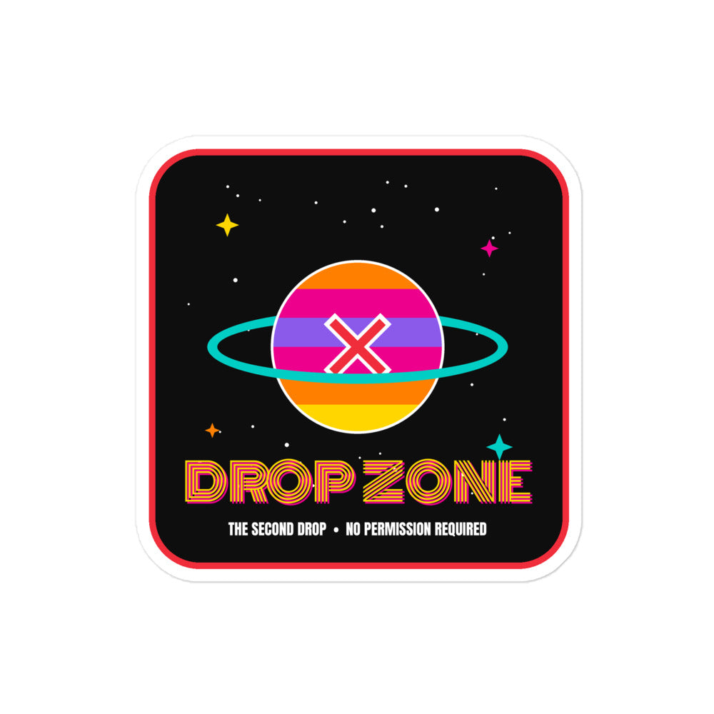 A square sticker or decal with rounded corners featuring a retro space design. The center shows a colorful striped planet with a red 'X' and a teal ring, set on a black starry background.