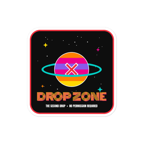 A square sticker or decal with rounded corners featuring a retro space design. The center shows a colorful striped planet with a red 'X' and a teal ring, set on a black starry background.