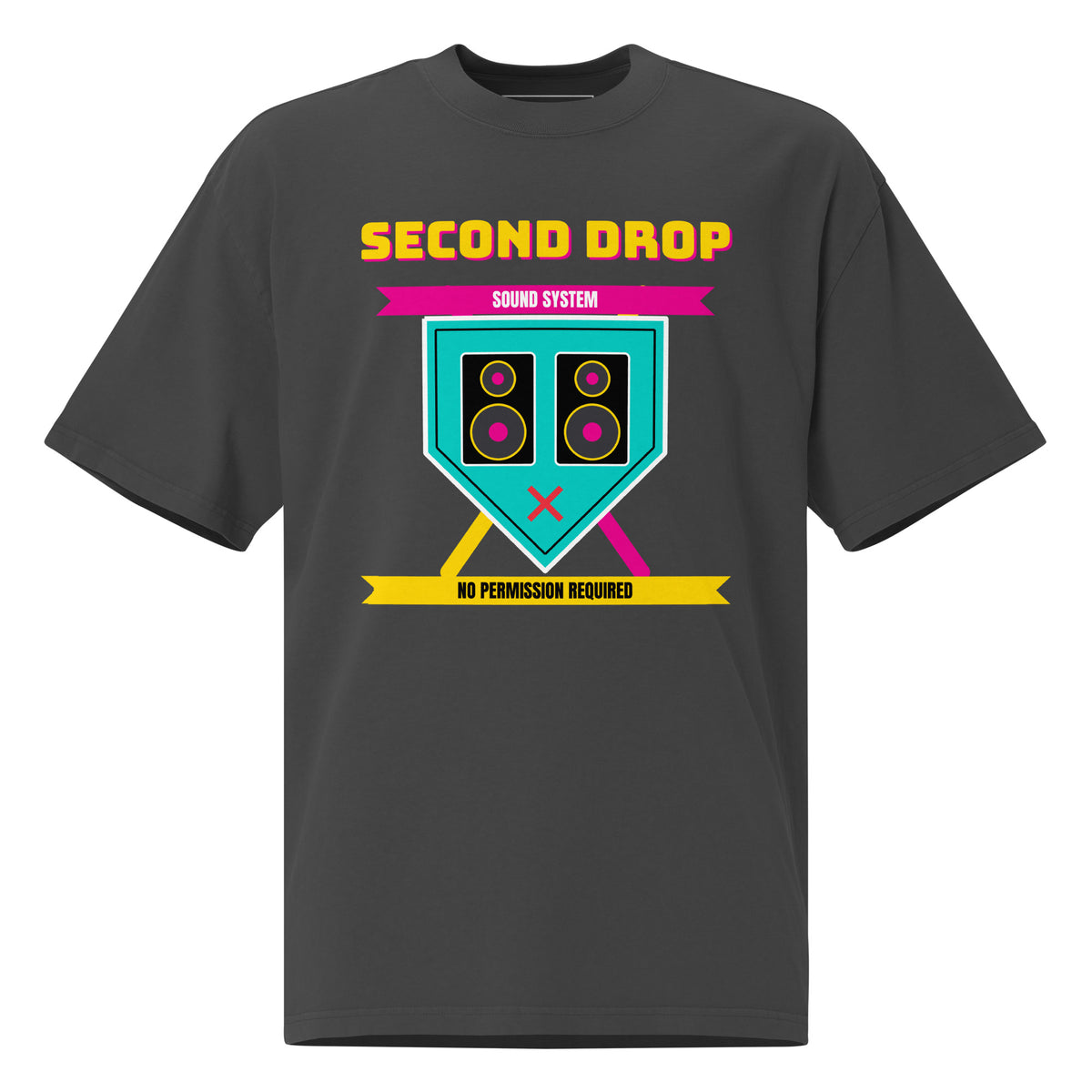 A dark gray crewneck t-shirt featuring a colorful graphic on the front with the text 'SECOND DROP SOUND SYSTEM' and 'NO PERMISSION REQUIRED' surrounding a speaker design.