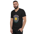 A man wearing a black V-neck t-shirt with a graphic print of a vinyl record labeled 'THE SECOND DROP' and 'SIDE B' on a plain white background. No Permission Required
